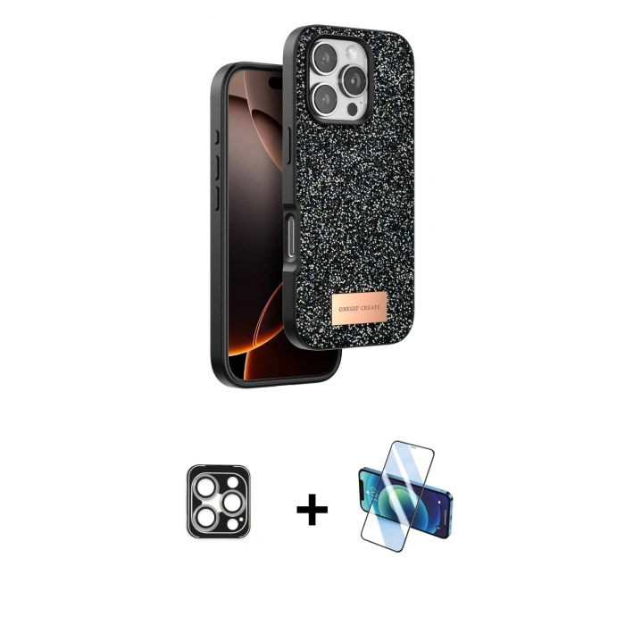 MARSİLYAN™- iPhone 16 Pro Max Kılıf Vadi Klasik Serisi - Siyah 3D Antistatik Cam Ekran Koruyucu + PVD Metal Kamera Lens - GS