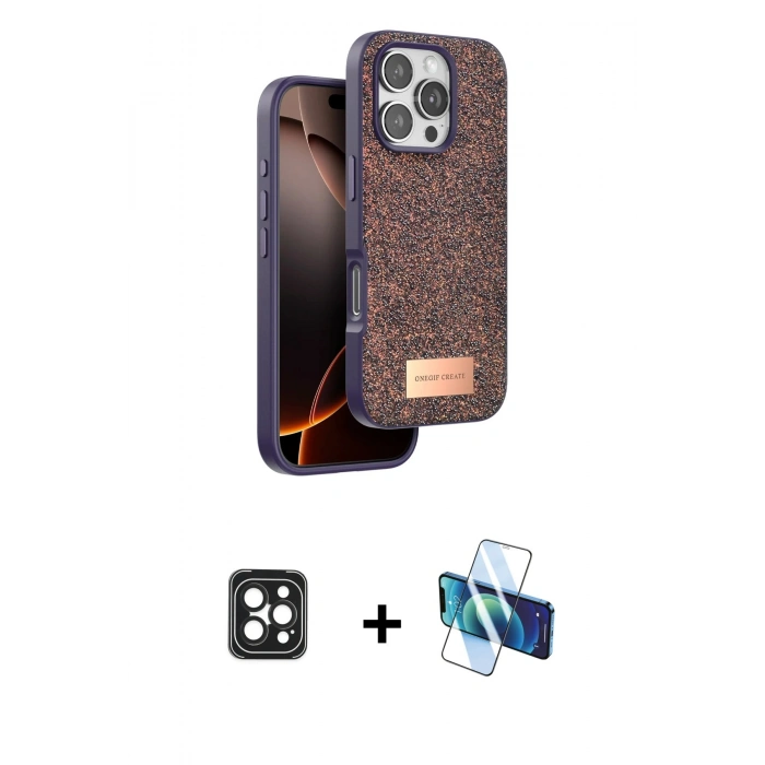 MARSİLYAN™- iPhone 16 Pro Max Kılıf Vadi Klasik Serisi - Siyah 3D Antistatik Cam Ekran Koruyucu + PVD Metal Kamera Lens - SH