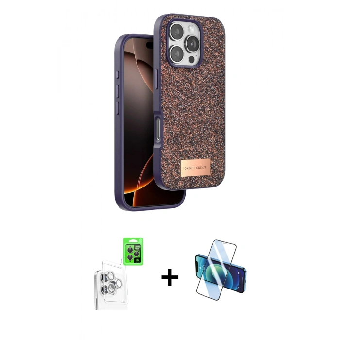 MARSİLYAN™- iPhone 16 Pro Max Kılıf Vadi Klasik Serisi - Siyah 3D Antistatik Cam Ekran Koruyucu + Raze Metal Kamera Lens - BZ