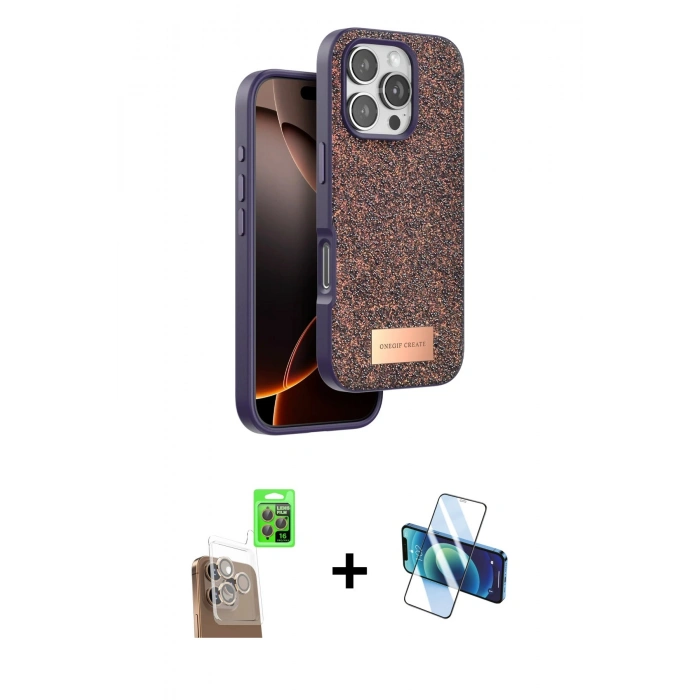 MARSİLYAN™- iPhone 16 Pro Max Kılıf Vadi Klasik Serisi - Siyah 3D Antistatik Cam Ekran Koruyucu + Raze Metal Kamera Lens - CLTM