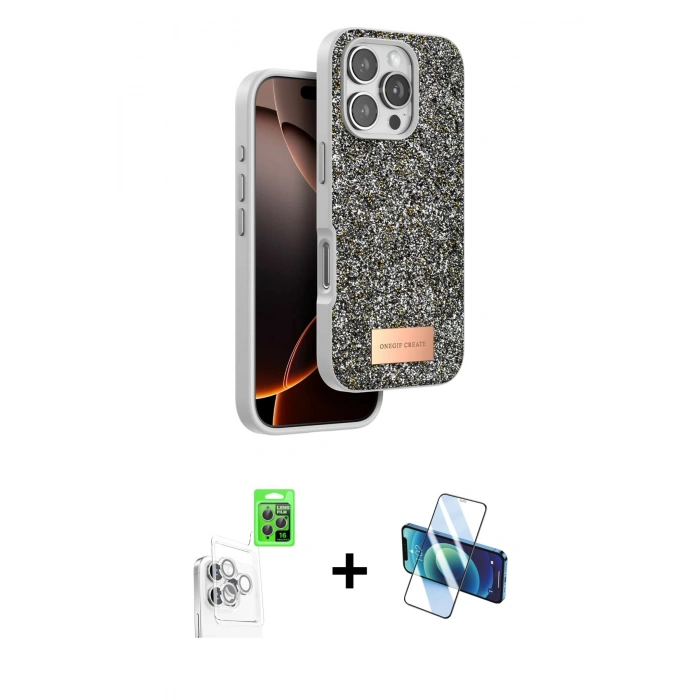 MARSİLYAN™- iPhone 16 Pro Max Kılıf Vadi Klasik Serisi - Siyah 3D Antistatik Cam Ekran Koruyucu + Raze Metal Kamera Lens - BZ