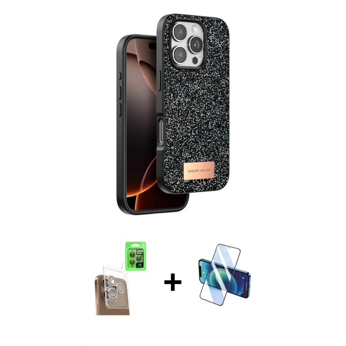 MARSİLYAN™- iPhone 16 Pro Max Kılıf Vadi Klasik Serisi - Siyah 3D Antistatik Cam Ekran Koruyucu + Raze Metal Kamera Lens - CLTM