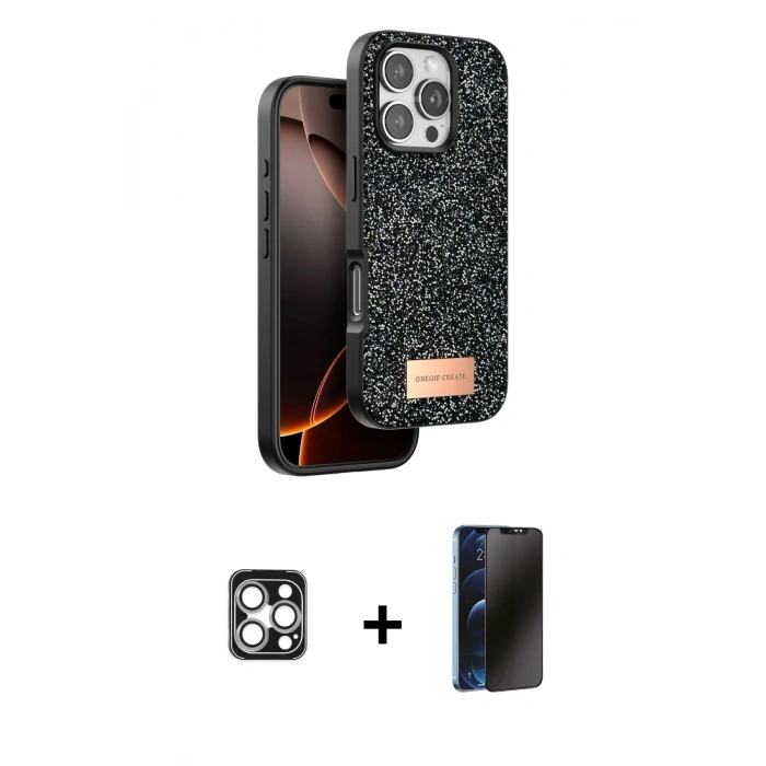 MARSİLYAN™- iPhone 16 Pro Max Kılıf Vadi Klasik Serisi - Siyah 3D Antistatik Hayalet Cam Ekran Koruyucu + PVD Metal Kamera Lens - GS