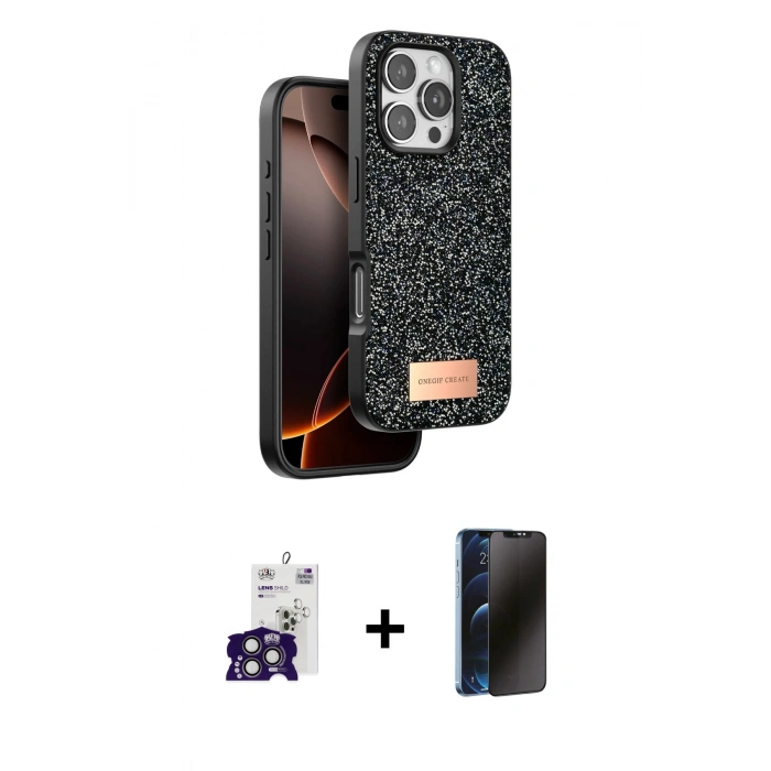 MARSİLYAN™- iPhone 16 Pro Max Kılıf Vadi Klasik Serisi - Siyah 3D Antistatik Hayalet Cam Ekran Koruyucu + Bilvis Titan Kamera Lens - TMGI