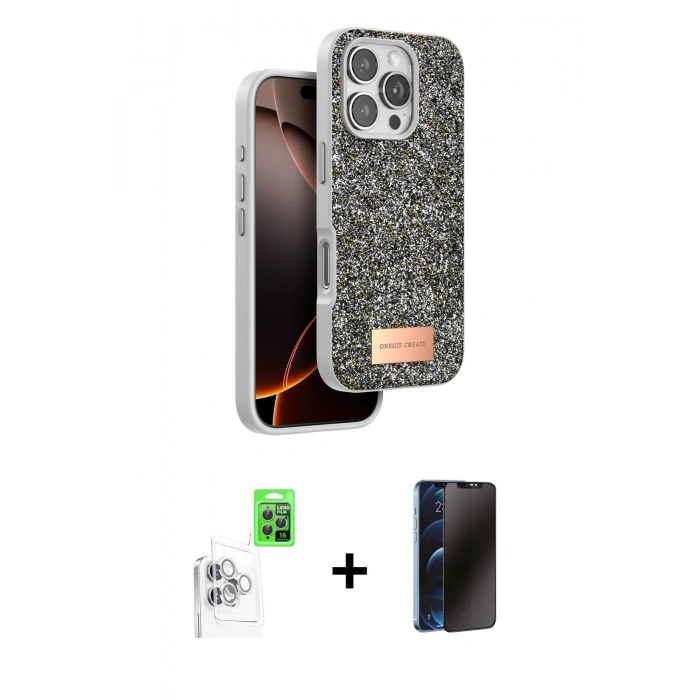 MARSİLYAN™- iPhone 16 Pro Max Kılıf Vadi Klasik Serisi - Siyah 3D Antistatik Hayalet Cam Ekran Koruyucu + Raze Metal Kamera Lens - BZ