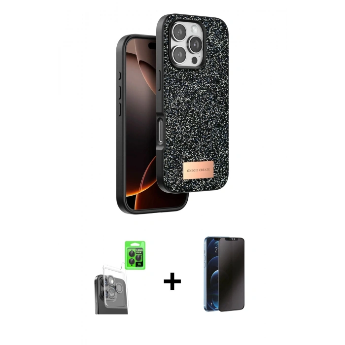 MARSİLYAN™- iPhone 16 Pro Max Kılıf Vadi Klasik Serisi - Siyah 3D Antistatik Hayalet Cam Ekran Koruyucu + Raze Metal Kamera Lens - SH