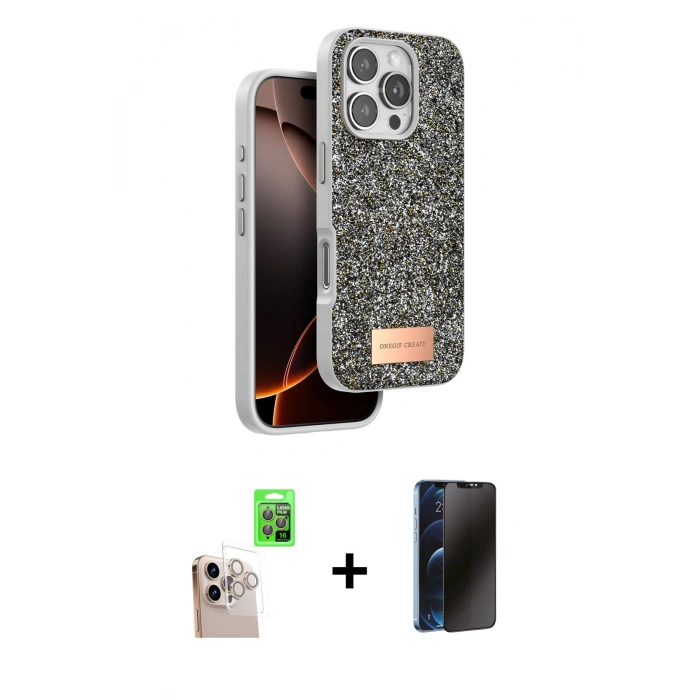 MARSİLYAN™- iPhone 16 Pro Max Kılıf Vadi Klasik Serisi - Siyah 3D Antistatik Hayalet Cam Ekran Koruyucu + Raze Metal Kamera Lens - NLGY