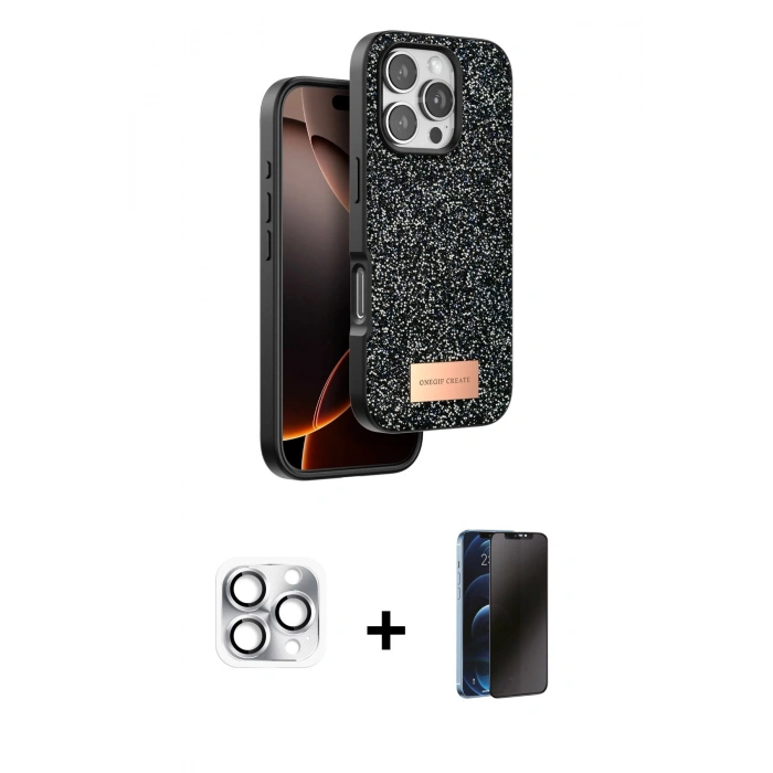 MARSİLYAN™- iPhone 16 Pro Max Kılıf Vadi Klasik Serisi - Siyah 3D Antistatik Hayalet Cam Ekran Koruyucu + Pers Alüminyum Kamera Lens - GS