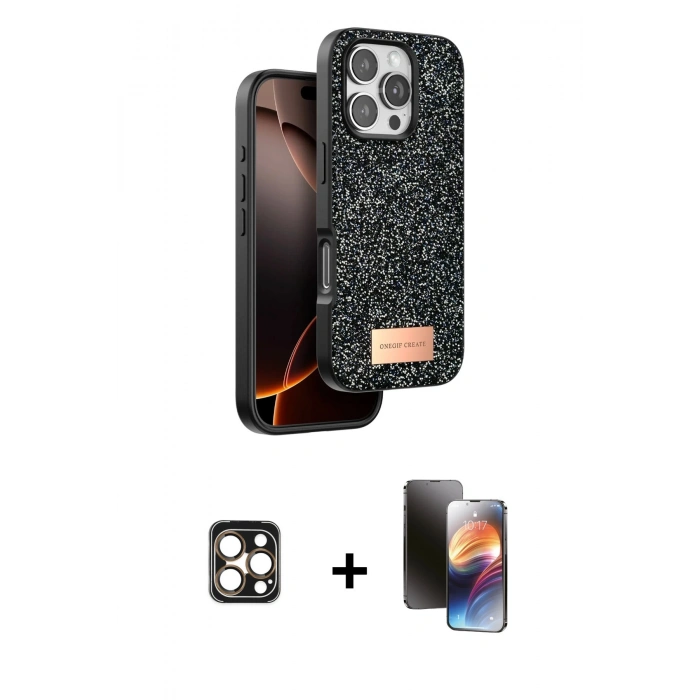 MARSİLYAN™- iPhone 16 Pro Max Kılıf Vadi Klasik Serisi - Siyah 3D Antistatik Mat Seramik Nano Ekran Koruyucu + PVD Metal Kamera Lens - GD