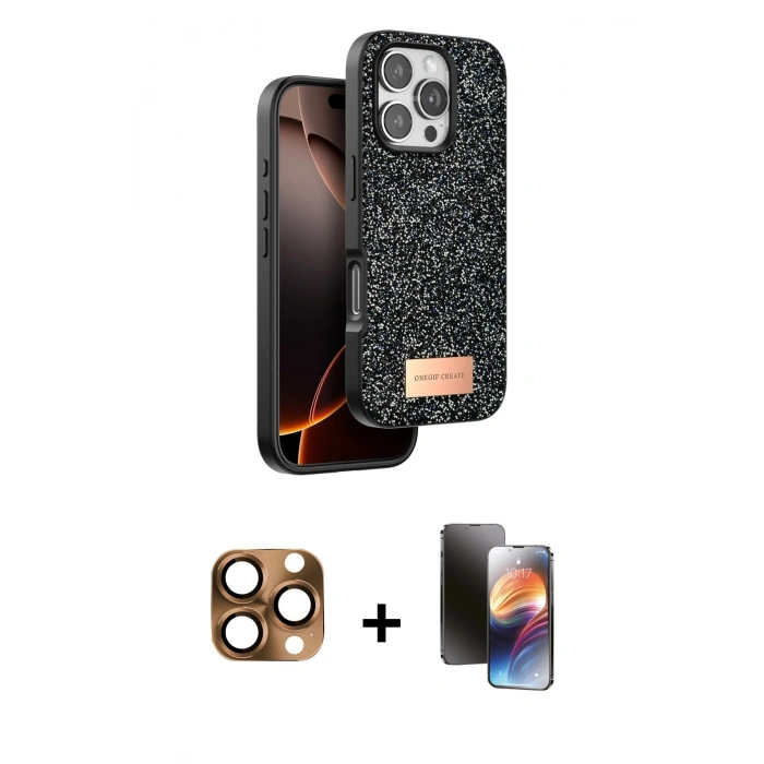 MARSİLYAN™- iPhone 16 Pro Max Kılıf Vadi Klasik Serisi - Siyah 3D Antistatik Mat Seramik Nano Ekran Koruyucu + Pers Alüminyum Kamera Lens - CLTM