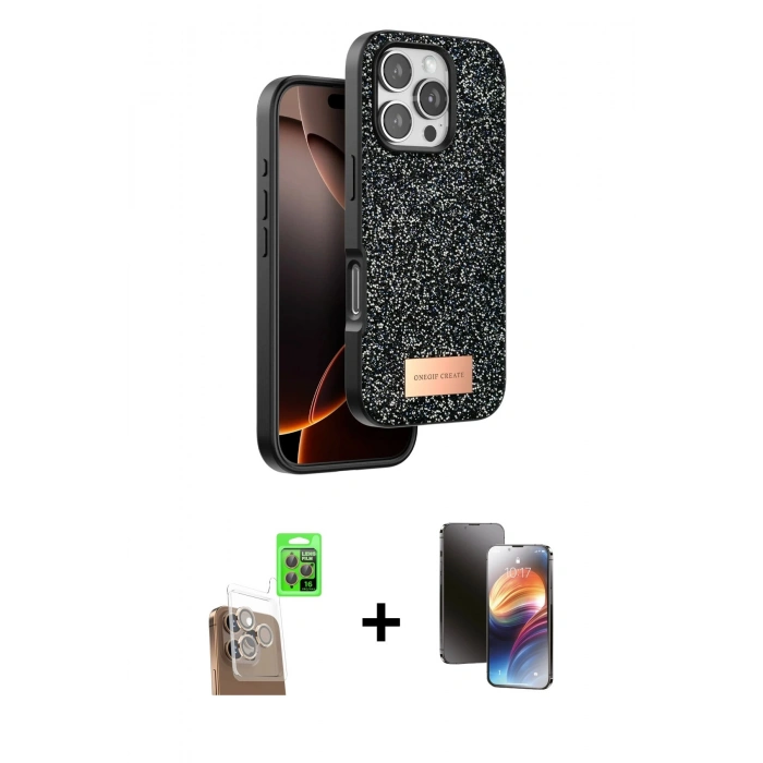MARSİLYAN™- iPhone 16 Pro Max Kılıf Vadi Klasik Serisi - Siyah 3D Antistatik Mat Seramik Nano Ekran Koruyucu + Raze Metal Kamera Lens - CLTM
