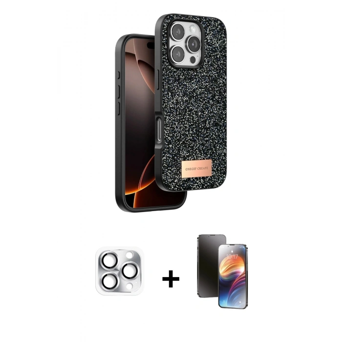 MARSİLYAN™- iPhone 16 Pro Max Kılıf Vadi Klasik Serisi - Siyah 3D Antistatik Mat Seramik Nano Ekran Koruyucu + Pers Alüminyum Kamera Lens - GS
