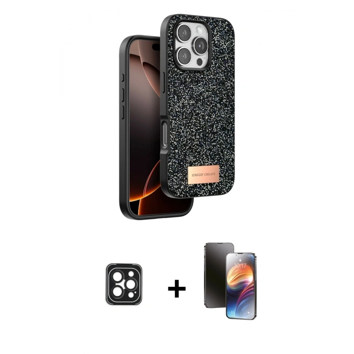 MARSİLYAN™- iPhone 16 Pro Max Kılıf Vadi Klasik Serisi - Siyah 3D Antistatik Mat Seramik Nano Ekran Koruyucu + PVD Metal Kamera Lens - SH
