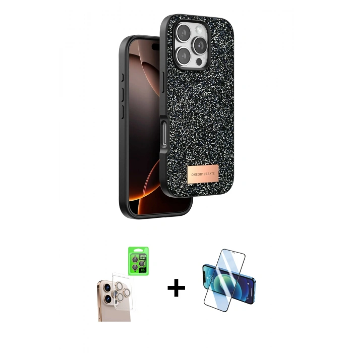 MARSİLYAN™- iPhone 16 Pro Max Kılıf Vadi Klasik Serisi - Siyah 3D Antistatik Seramik Nano Ekran Koruyucu + Raze Metal Kamera Lens - NLGY