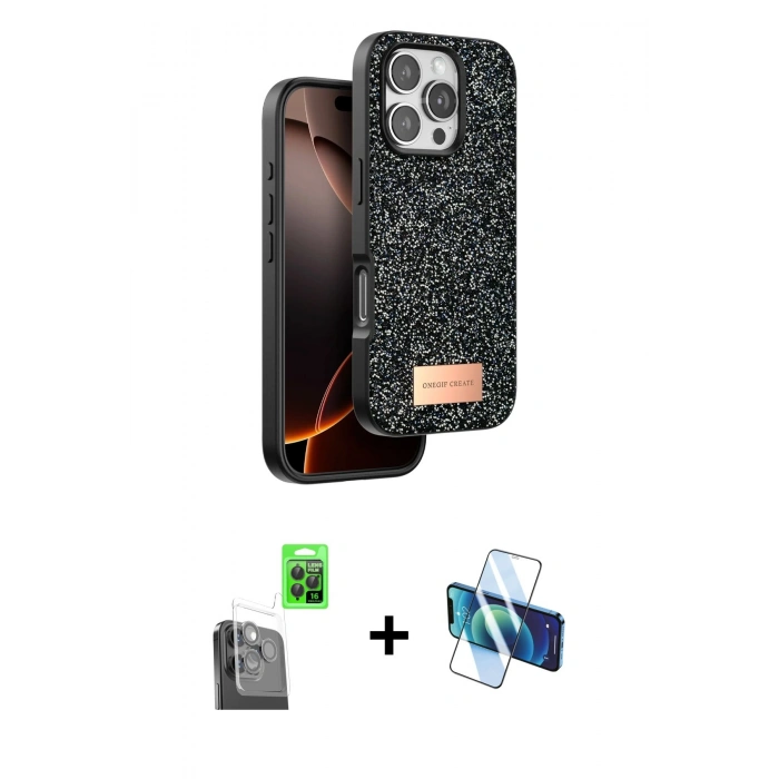 MARSİLYAN™- iPhone 16 Pro Max Kılıf Vadi Klasik Serisi - Siyah 3D Antistatik Seramik Nano Ekran Koruyucu + Raze Metal Kamera Lens - SH
