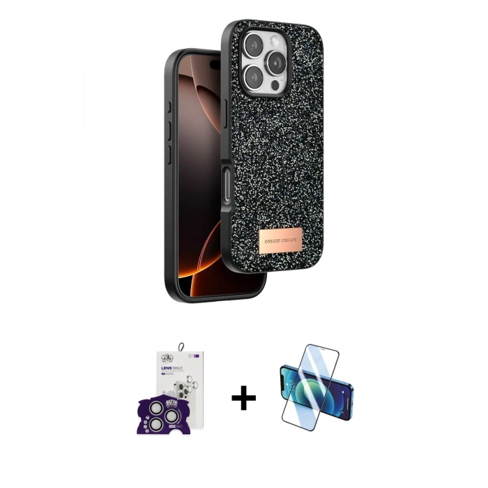 MARSİLYAN™- iPhone 16 Pro Max Kılıf Vadi Klasik Serisi - Siyah 3D Antistatik Seramik Nano Ekran Koruyucu + Bilvis Titan Kamera Lens - GS