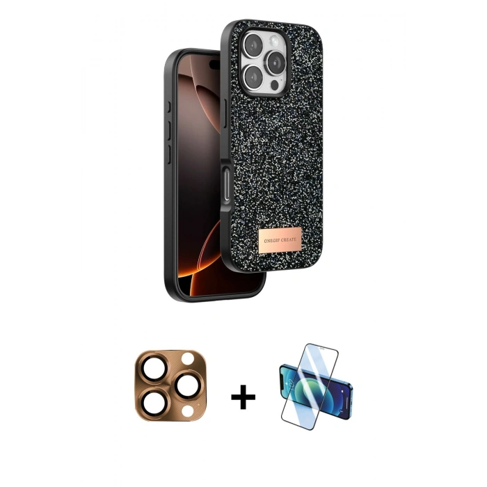 MARSİLYAN™- iPhone 16 Pro Max Kılıf Vadi Klasik Serisi - Siyah 3D Antistatik Seramik Nano Ekran Koruyucu + Pers Alüminyum Kamera Lens - CLTM