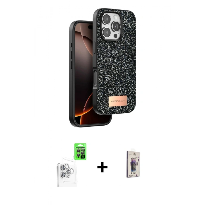 MARSİLYAN™- iPhone 16 Pro Max Kılıf Vadi Klasik Serisi - Siyah Bilvis 3D Cam Ekran Koruyucu + Raze Metal Kamera Lens - BZ