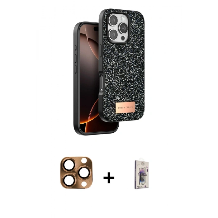 MARSİLYAN™- iPhone 16 Pro Max Kılıf Vadi Klasik Serisi - Siyah Bilvis 3D Cam Ekran Koruyucu + Pers Alüminyum Kamera Lens - CLTM