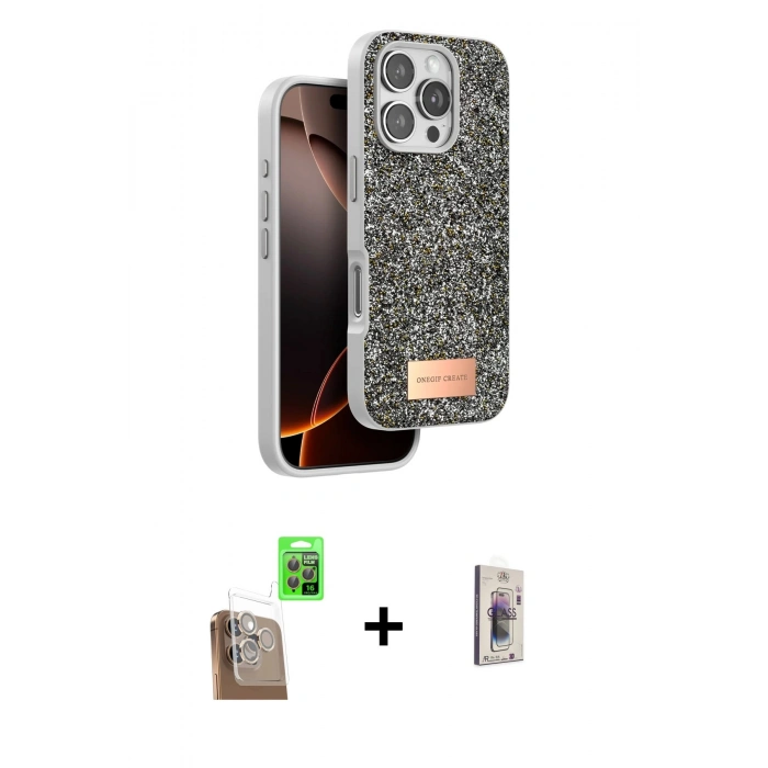 MARSİLYAN™- iPhone 16 Pro Max Kılıf Vadi Klasik Serisi - Siyah Bilvis 3D Cam Ekran Koruyucu + Raze Metal Kamera Lens - CLTM