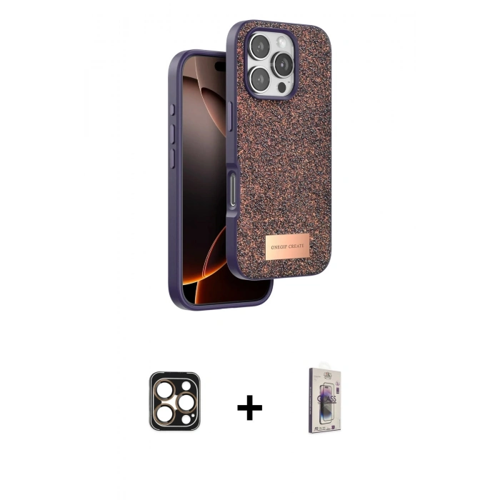 MARSİLYAN™- iPhone 16 Pro Max Kılıf Vadi Klasik Serisi - Siyah Bilvis 3D Cam Ekran Koruyucu + PVD Metal Kamera Lens - GD