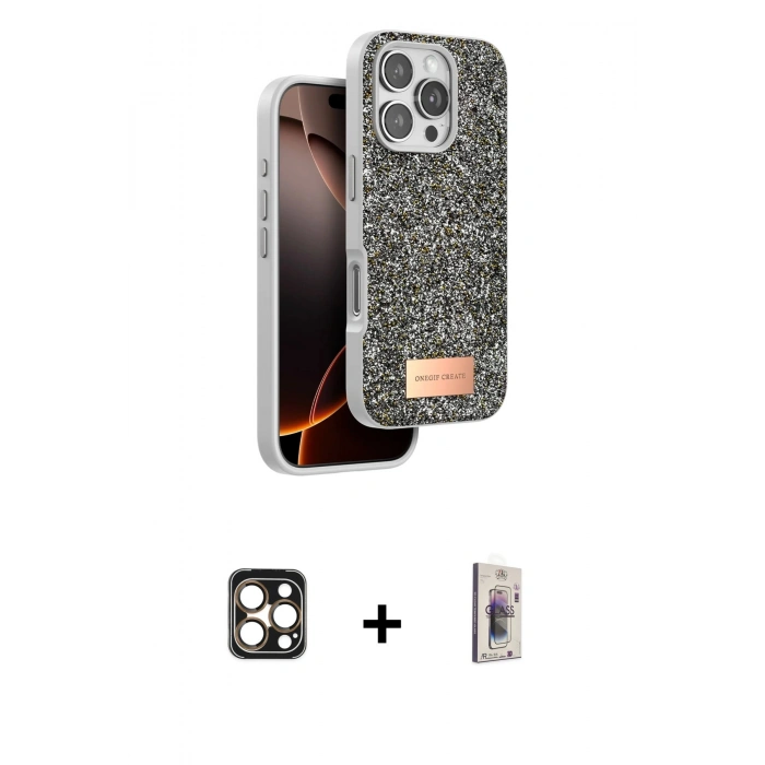 MARSİLYAN™- iPhone 16 Pro Max Kılıf Vadi Klasik Serisi - Siyah Bilvis 3D Cam Ekran Koruyucu + PVD Metal Kamera Lens - GD