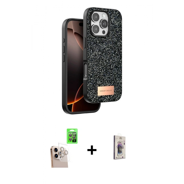 MARSİLYAN™- iPhone 16 Pro Max Kılıf Vadi Klasik Serisi - Siyah Bilvis 3D Cam Ekran Koruyucu + Raze Metal Kamera Lens - NLGY