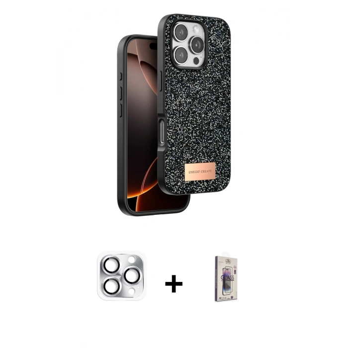 MARSİLYAN™- iPhone 16 Pro Max Kılıf Vadi Klasik Serisi - Siyah Bilvis 3D Cam Ekran Koruyucu + Pers Alüminyum Kamera Lens - GS