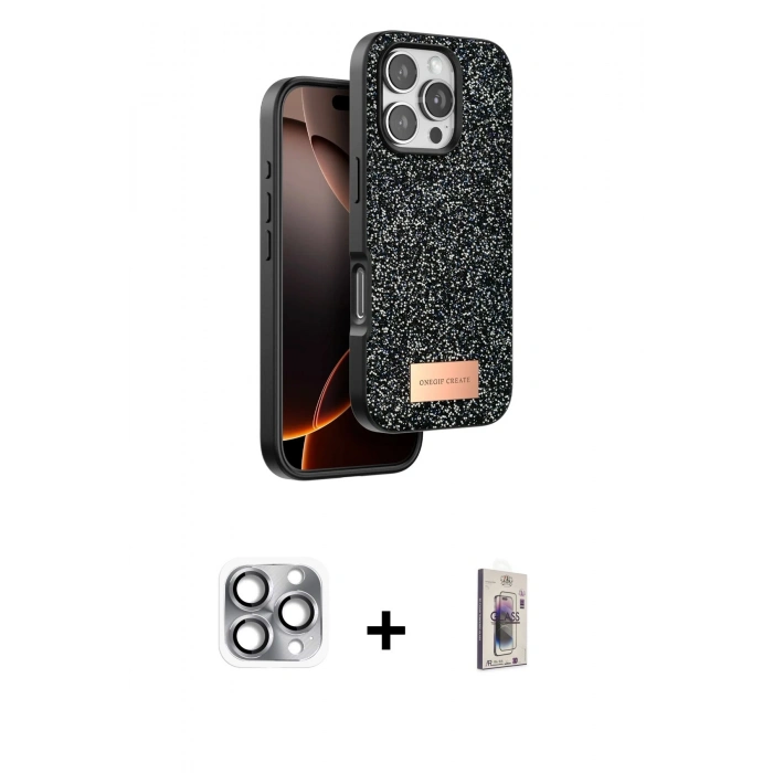 MARSİLYAN™- iPhone 16 Pro Max Kılıf Vadi Klasik Serisi - Siyah Bilvis 3D Cam Ekran Koruyucu + Pers Alüminyum Kamera Lens - GI