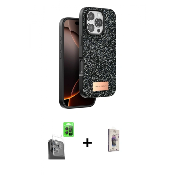 MARSİLYAN™- iPhone 16 Pro Max Kılıf Vadi Klasik Serisi - Siyah Bilvis 3D Cam Ekran Koruyucu + Raze Metal Kamera Lens - SH