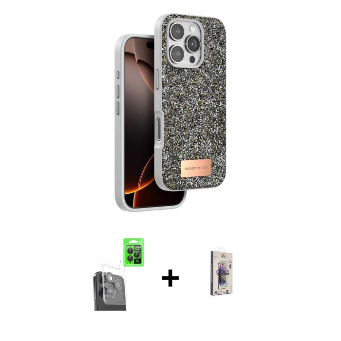 MARSİLYAN™- iPhone 16 Pro Max Kılıf Vadi Klasik Serisi - Siyah Bilvis 3D Cam Ekran Koruyucu + Raze Metal Kamera Lens - SH