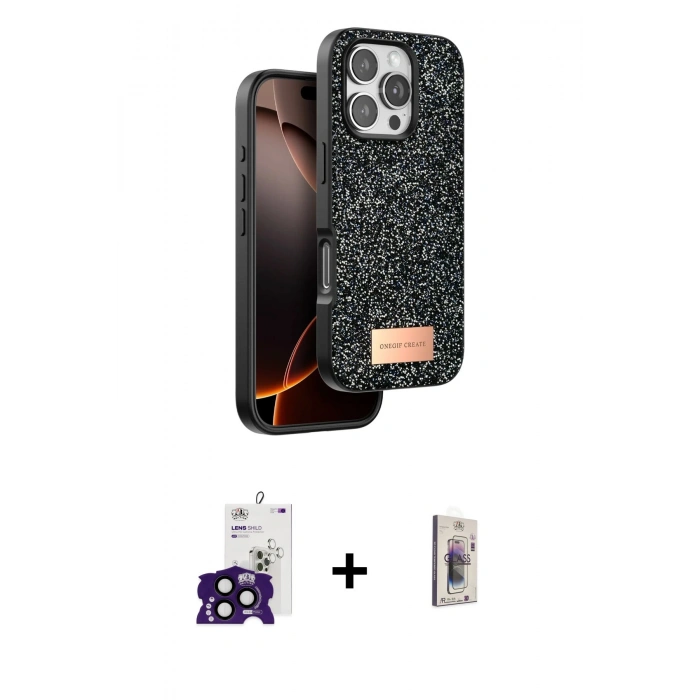 MARSİLYAN™- iPhone 16 Pro Max Kılıf Vadi Klasik Serisi - Siyah Bilvis 3D Cam Ekran Koruyucu + Siyah Bilvis Titan Kamera Lens