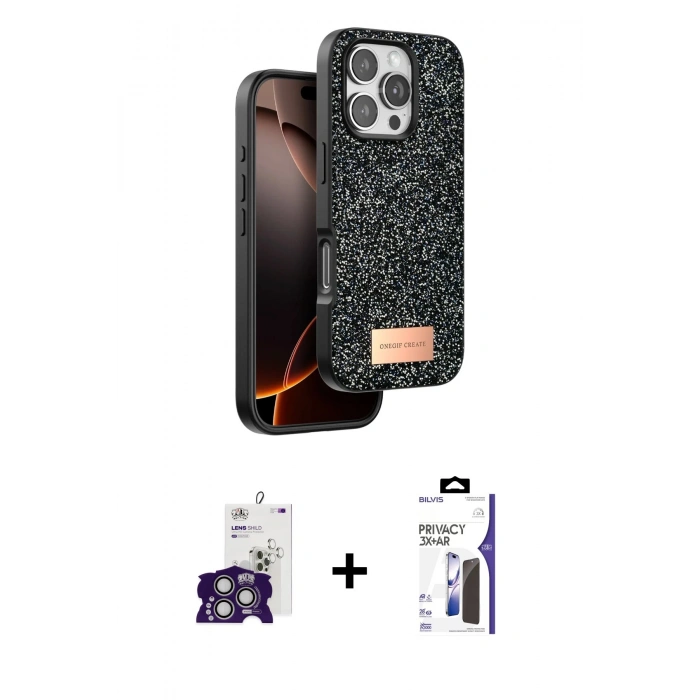 MARSİLYAN™- iPhone 16 Pro Max Kılıf Vadi Klasik Serisi - Siyah Bilvis 3X AR Hayalet Cam Ekran Koruyucu + Bilvis Titan Kamera Lens - GS
