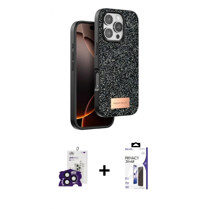 MARSİLYAN™- iPhone 16 Pro Max Kılıf Vadi Klasik Serisi - Siyah Bilvis 3X AR Hayalet Cam Ekran Koruyucu + Bilvis Titan Kamera Lens - SH