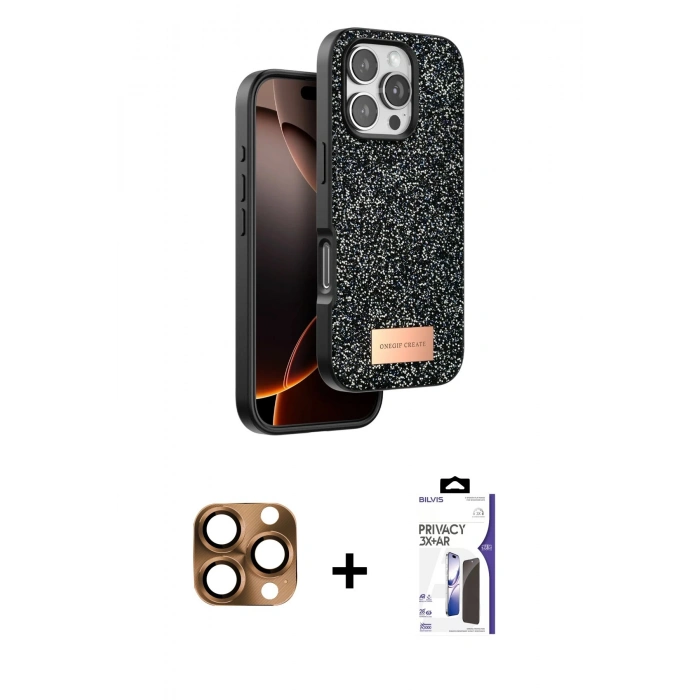MARSİLYAN™- iPhone 16 Pro Max Kılıf Vadi Klasik Serisi - Siyah Bilvis 3X AR Hayalet Cam Ekran Koruyucu + Pers Alüminyum Kamera Lens - CLTM