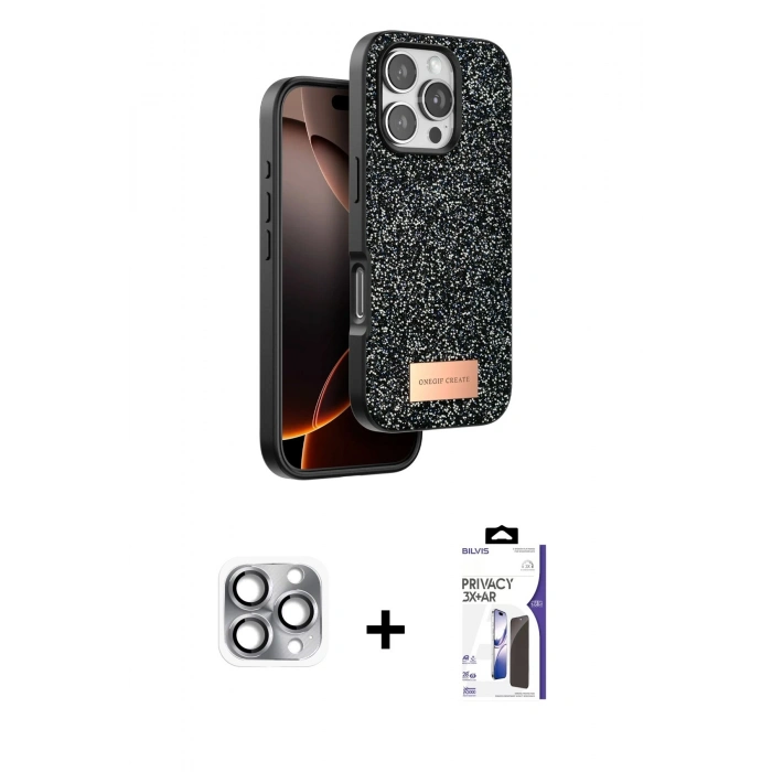 MARSİLYAN™- iPhone 16 Pro Max Kılıf Vadi Klasik Serisi - Siyah Bilvis 3X AR Hayalet Cam Ekran Koruyucu + Pers Alüminyum Kamera Lens - GI