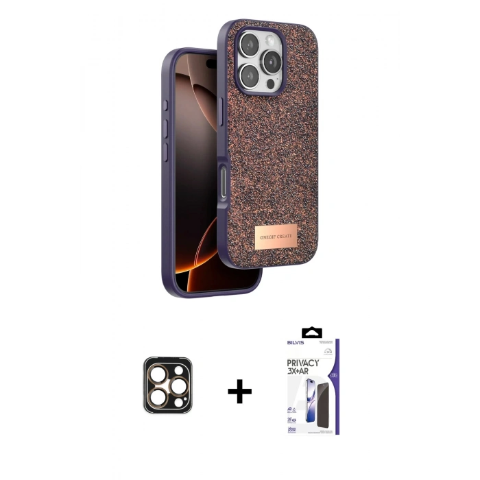 MARSİLYAN™- iPhone 16 Pro Max Kılıf Vadi Klasik Serisi - Siyah Bilvis 3X AR Hayalet Cam Ekran Koruyucu + PVD Metal Kamera Lens - GD