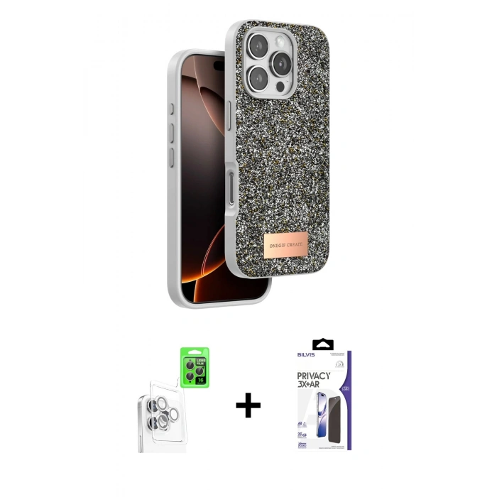 MARSİLYAN™- iPhone 16 Pro Max Kılıf Vadi Klasik Serisi - Siyah Bilvis 3X AR Hayalet Cam Ekran Koruyucu + Raze Metal Kamera Lens - BZ