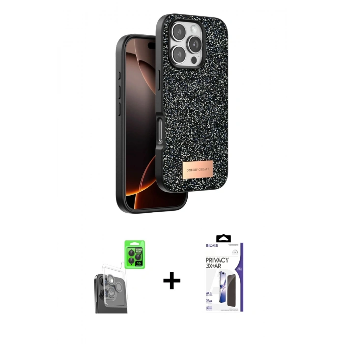 MARSİLYAN™- iPhone 16 Pro Max Kılıf Vadi Klasik Serisi - Siyah Bilvis 3X AR Hayalet Cam Ekran Koruyucu + Raze Metal Kamera Lens - SH