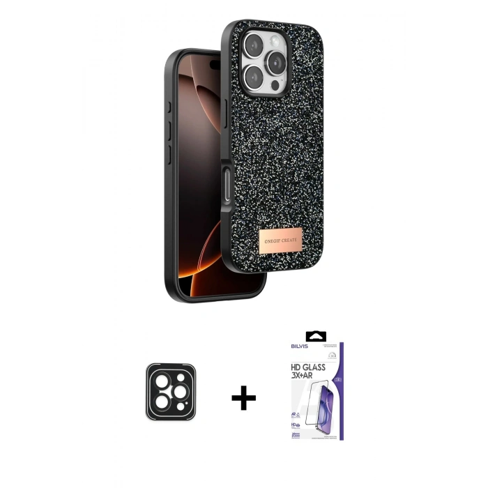 MARSİLYAN™- iPhone 16 Pro Max Kılıf Vadi Klasik Serisi - Siyah Bilvis 3X AR HD Cam Ekran Koruyucu + PVD Metal Kamera Lens - SH
