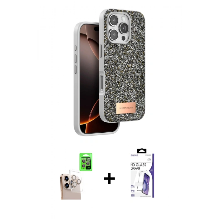 MARSİLYAN™- iPhone 16 Pro Max Kılıf Vadi Klasik Serisi - Siyah Bilvis 3X AR HD Cam Ekran Koruyucu + Raze Metal Kamera Lens - NLGY