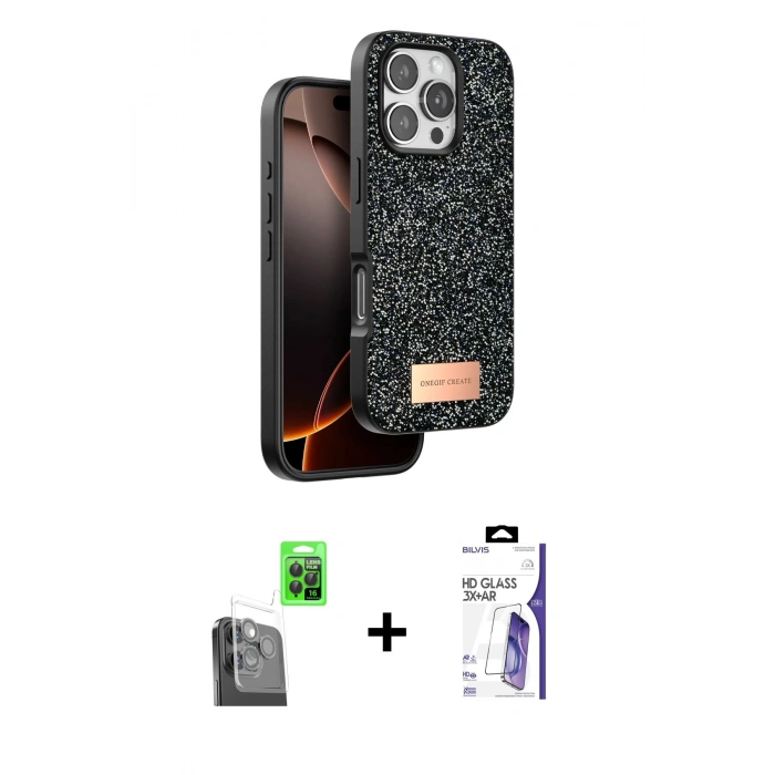 MARSİLYAN™- iPhone 16 Pro Max Kılıf Vadi Klasik Serisi - Siyah Bilvis 3X AR HD Cam Ekran Koruyucu + Raze Metal Kamera Lens - SH