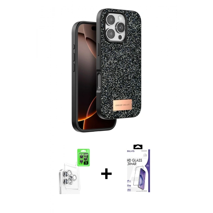 MARSİLYAN™- iPhone 16 Pro Max Kılıf Vadi Klasik Serisi - Siyah Bilvis 3X AR HD Cam Ekran Koruyucu + Raze Metal Kamera Lens - BZ