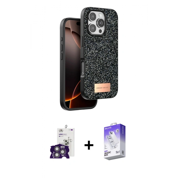 MARSİLYAN™- iPhone 16 Pro Max Kılıf Vadi Klasik Serisi - Siyah Bilvis 5in1 3D Magic Cam Ekran Koruyucu + Bilvis Titan Kamera Lens - GS