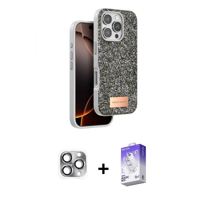 MARSİLYAN™- iPhone 16 Pro Max Kılıf Vadi Klasik Serisi - Siyah Bilvis 5in1 3D Magic Cam Ekran Koruyucu + Gri Pers Alüminyum Kamera Lens