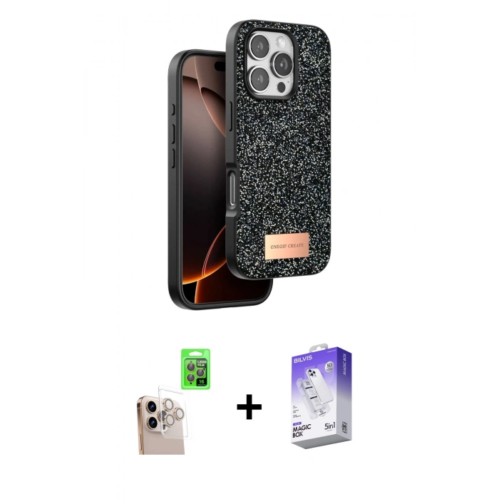 MARSİLYAN™- iPhone 16 Pro Max Kılıf Vadi Klasik Serisi - Siyah Bilvis 5in1 3D Magic Cam Ekran Koruyucu + Raze Metal Kamera Lens - NLGY