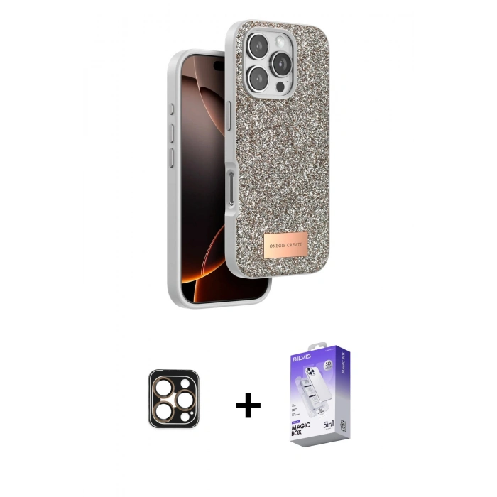 MARSİLYAN™- iPhone 16 Pro Max Kılıf Vadi Klasik Serisi - Siyah Bilvis 5in1 3D Magic Cam Ekran Koruyucu + PVD Metal Kamera Lens - GD