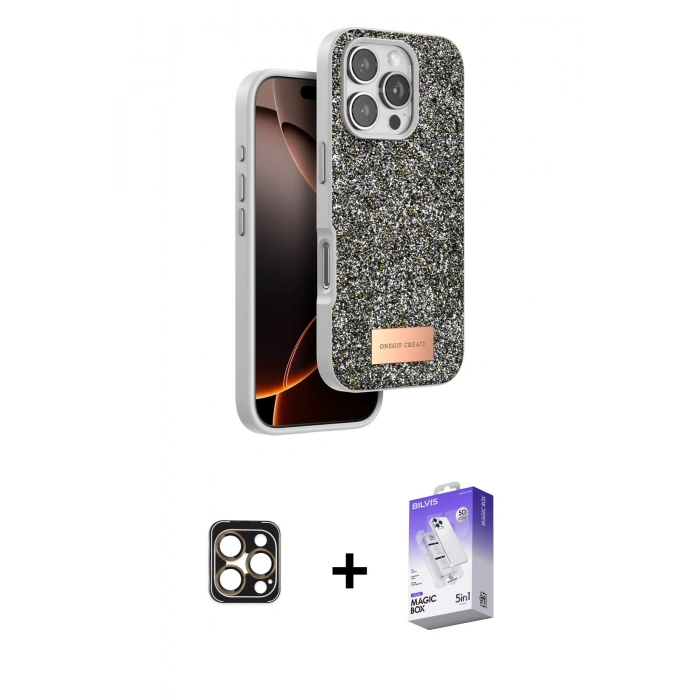 MARSİLYAN™- iPhone 16 Pro Max Kılıf Vadi Klasik Serisi - Siyah Bilvis 5in1 3D Magic Cam Ekran Koruyucu + PVD Metal Kamera Lens - GD