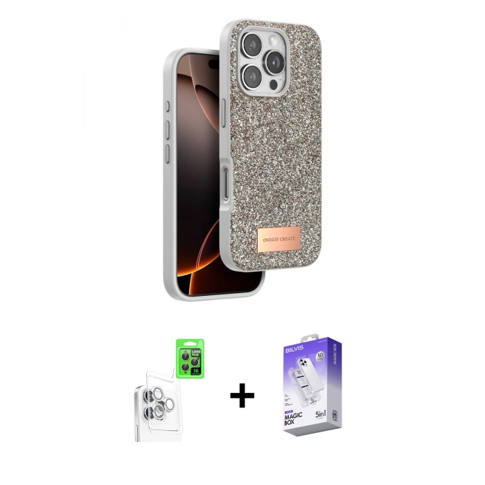 MARSİLYAN™- iPhone 16 Pro Max Kılıf Vadi Klasik Serisi - Siyah Bilvis 5in1 3D Magic Cam Ekran Koruyucu + Raze Metal Kamera Lens - BZ