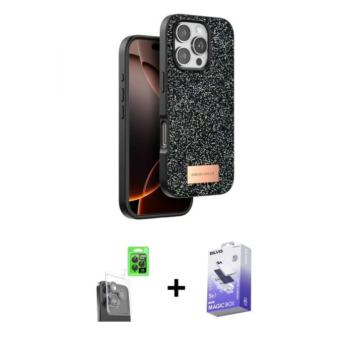 MARSİLYAN™- iPhone 16 Pro Max Kılıf Vadi Klasik Serisi - Siyah Bilvis 5in1 5D Magic Hayalet Cam Ekran Koruyucu + Raze Metal Kamera Lens - SH
